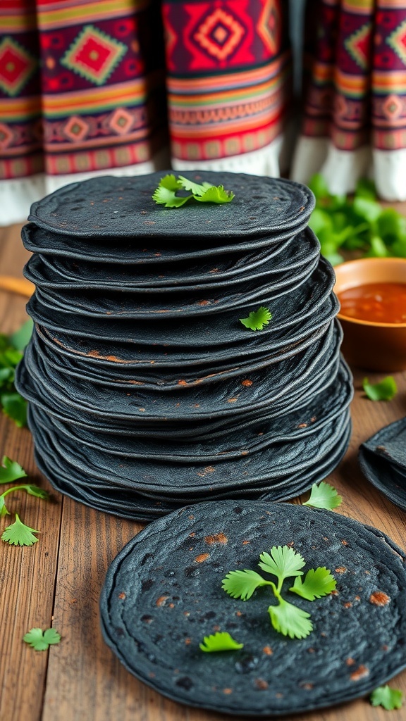 Guatemalan Black Tortillas Recipe A stack of black tortillas on a wooden table with salsa and cilantro.